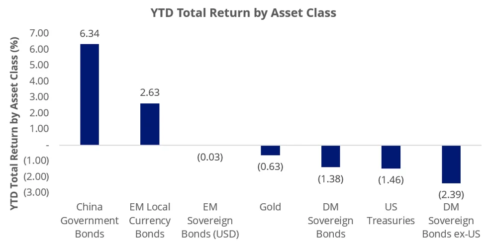 Chart 1: EM bonds and China bonds outperform DM bonds and Treasuries (YTD to 15 September 2026)