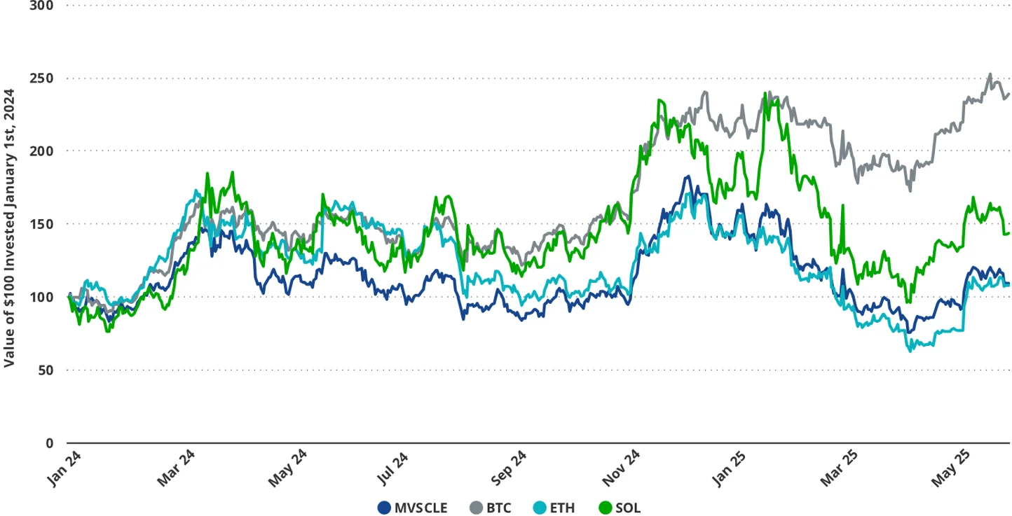 The MarketVector Smart Contract Leaders Index (MVSCLE), which is designed to track the performance of the largest and most liquid smart contract assets, gained 18% in May but lagged behind majors as long-tail altcoins struggle