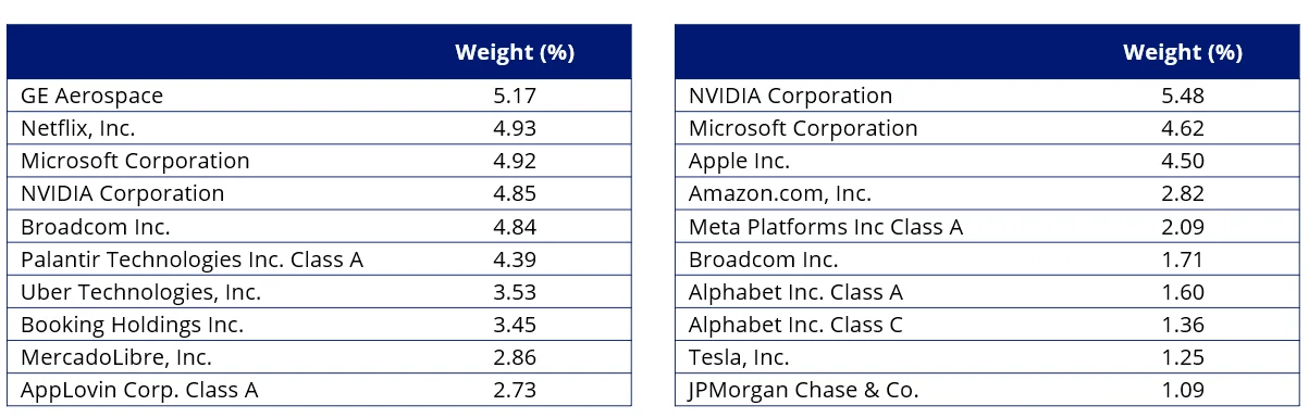 Top 10 holdings GWTH & Table 3: Top 10 MSCI World ex Australia Index