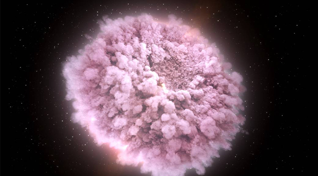 An illustration of the expanding cloud of debris stripped from two neutron stars just before collision